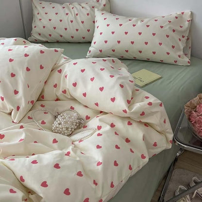 Nayoroom Heart Duvet Cover Full Size Kawaii Pink Heart Printed on Cream White Bedding Set 3Pcs Kids Girls Cute Heart-Shaped Pattern Comforter Cover with Zipper Closure Soft Breathable Microfiber