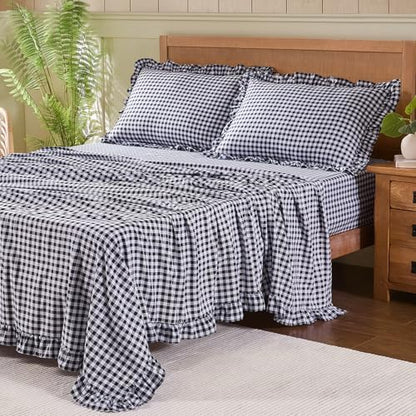 Gingham Full Sheet Set, Lightweight Super Soft Brushed Microfiber Plaid Bed Sheets with 16" Deep Pocket, 4 Piece Ruffle Farmhouse Bedroom Decor, Black
