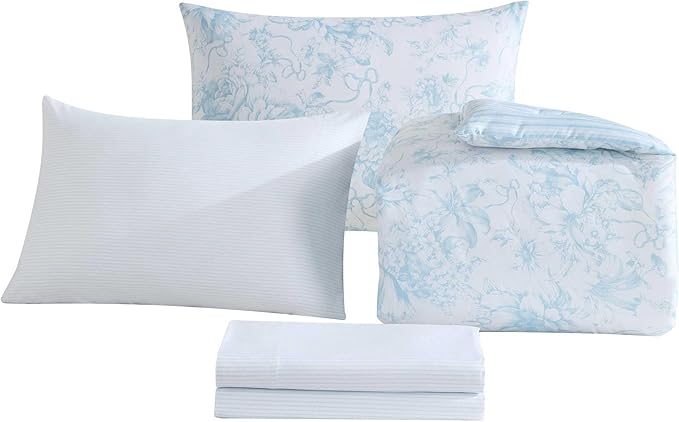 Laura Ashley - Twin Comforter Set, Soft & Reversible Floral Bedding with Bonus Bed Sheets & Pillowcases, 5 Piece Bed Set for Year Round Comfort (Delphine Saras/Sprig Blue)