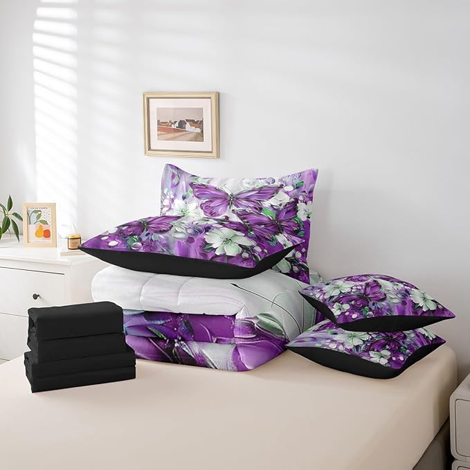 Erosebridal 7 Piece Purple Butterfly Queen Comforter Set with Sheets for Girls Teen Women,White Flowers Oil Painting Boho Bed in A Bag Floral Butterfly Bedding Set,Retro Bohemian Animal Bed Set