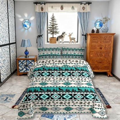 Aztec Geometric Comforter Set Full Size,Southwest Tribal Ethnic Kids Bedding Set,Wolf Rustic Cabin Quilt Comforter,Beige Retro Duvet Insert,2 Pillowcases