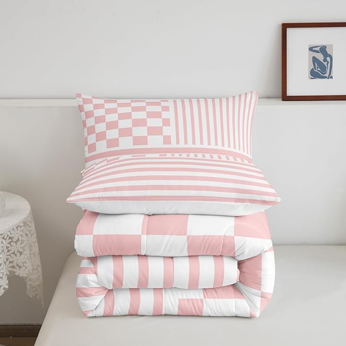 Pink Check Comforter Set Fashion Buffalo Plaid Bedding Set Modern Simple Style Bedding Home Decor Pink Stripes Geometric Comforter Twin Size Quilted Duvet Set 1 Comforter with 1 Pillowcase