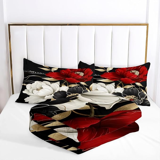 Vintage Floral Comforter Set King Size Red Black White Botanical Flower Bedding Set 3 Piece Gold Leaf Bedding for Women Elegant Flowers Comforters Soft Down Alternative Comforter Sets