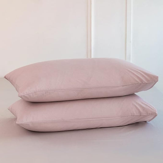 MooMee Bedding Pillowcases Pack of 2 100% Washed Cotton Linen Like Textured Breathable Durable Soft Comfy (Heathered Greyish Pink, Queen)