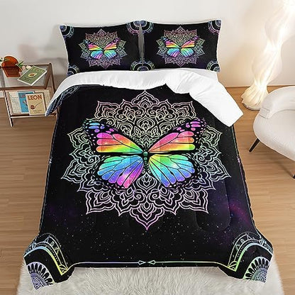 HOSIMA Butterfly Bedding for Girls,Mandala Bed in a Bag Queen Comforter Set - Colorful Butterfly Design,Galaxy Bedding Set for Beds,Microfiber Star Comforter with 2 Pillowcases,Dorm Room Essentials.