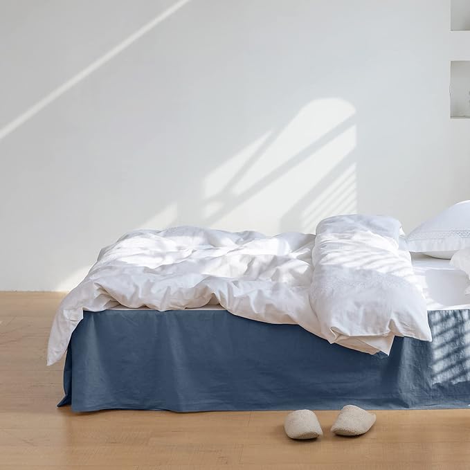 BISELINA French Linen Bed Skirt with Pleated Corner 14-Inch Tailored Drop Natural Flax Cotton Blend Basic Dust Ruffle Soft Cozy Farmhouse Bedding (14" King, Basic Navy Blue)
