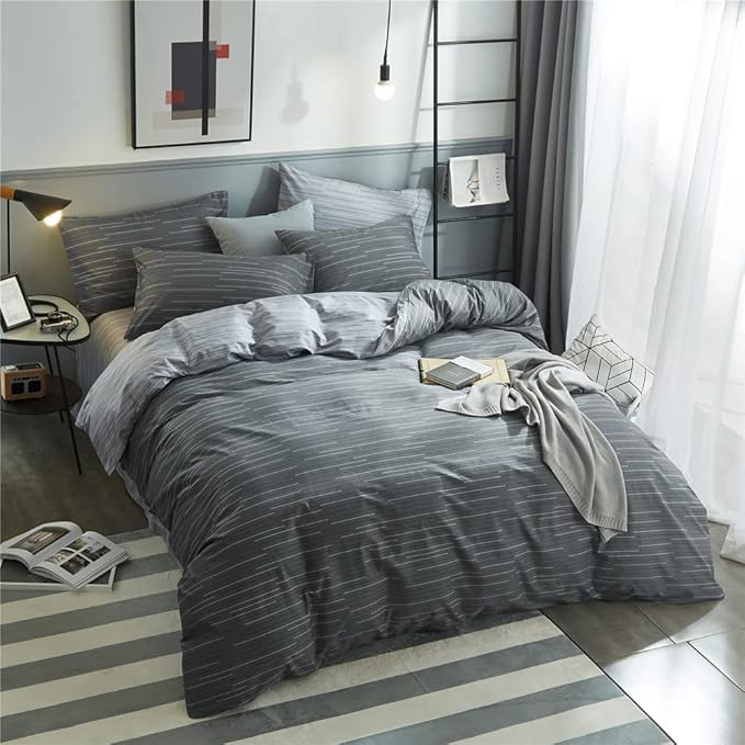 LifeTB Grey Striped Duvet Cover Set King 100% Cotton Geometric Stripes Pattern Printed Comforter Cover Modern Style Striped Bedding Set Soft Breathable Duvet Cover King with Zipper Closure