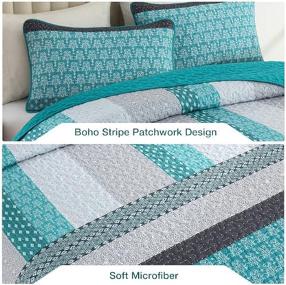 WONGS BEDDING Teal Blue King Size Quilt Set, Boho Striped Bedspread