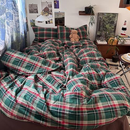 mixinni Vintage Green Buffalo Plaid Washed Cotton Duvet Cover King - Soft Breathable Textured Bedding Set with Zipper Closure for All Seasons-1 Duvet Cover + 2 Pillow Shams-King Size