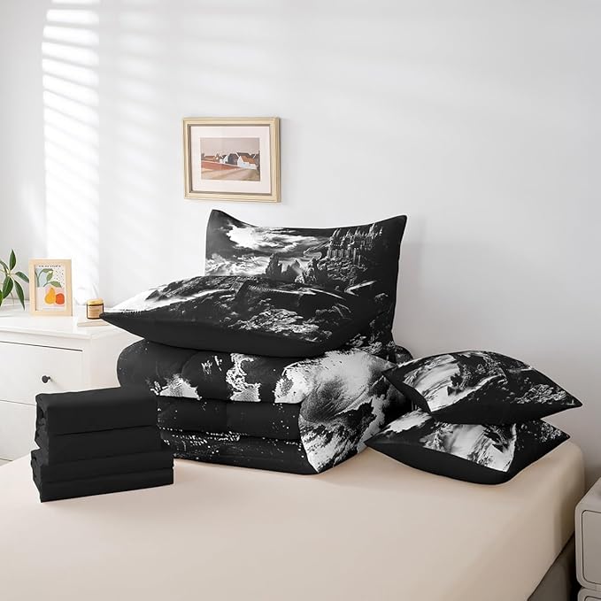 Erosebridal Gothic Dragon 7 Piece Comforter Set Full Bed in a Bag,Vintage Mythical Animal Bedding Sets Fantasy Castle Dark Sky Sheet Set with Comforter