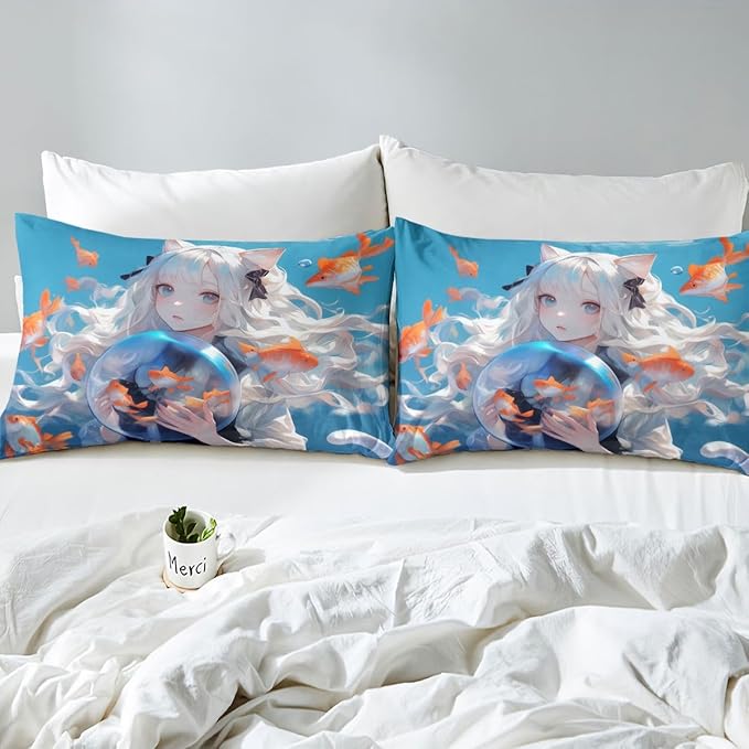 Japanese Girl Fitted Sheet 3D Anime Printed Design Bed Sheets for Kids Girls Boys Anime Gifts Bedding Sets, Cartoon Design Sheets Kawaii Anime Girls Decorations Sheets Full 3Pcs