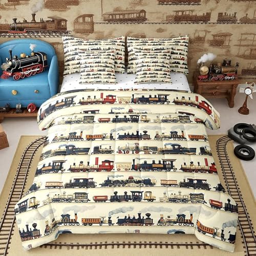 Feelyou Vintage Train Comforter Set Twin Size 7 Pcs Bedding Set Boys Girls
