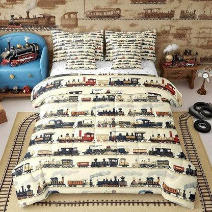 Feelyou Vintage Train Comforter Set Queen Size 7 Pcs Bedding Set Boys Girls