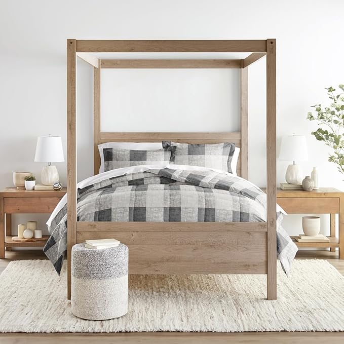 LINENS & HUTCH Comforter Set Patterned Microfiber All Season Down-Alternative Ultra Soft Bedding in Gingham - Full/Queen Gingham Gray