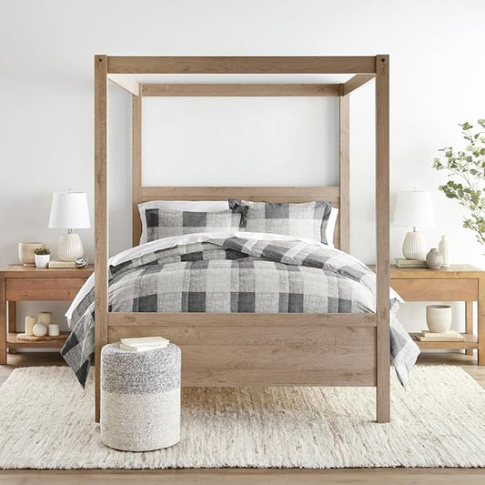 LINENS & HUTCH Comforter Set Patterned Microfiber All Season Down-Alternative Ultra Soft Bedding in Gingham - Full/Queen Gingham Gray