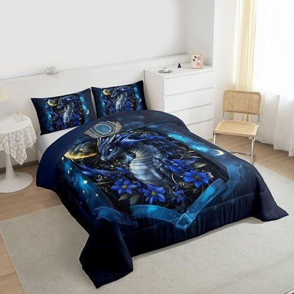 Feelyou Dragon Bedding Set Soft for Boys Girls, Wild Life Comforter Set Twin Size Jungle Dragon Duvet Quilt Microfiber Wild Animal Bedroom Decor Dull Blue 2 Pcs with 1 Pillow Cases