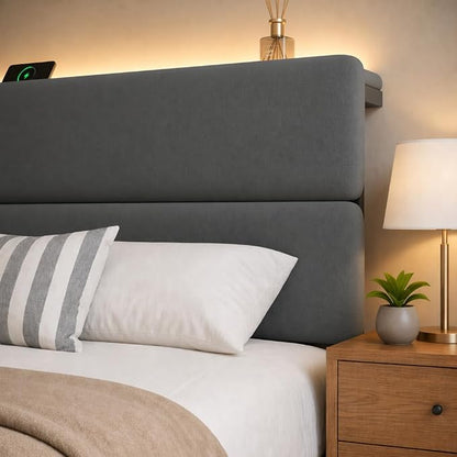 Queen Bed Frame with 2 Storage Drawers, Grey Velvet Upholstered | Platform Bed with Charging Ledge, LED Headboard Lighting, Metal Support, Noise Free, No Box Spring Needed, Easy Assembly