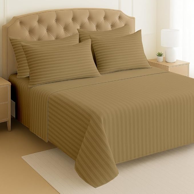 Mattress-Homes Ultra-Soft Breathable, Hotel Luxury Collection, Split King Size 7 Piece Crisp Sheet Set, 100% Egyptian Cotton, Extra Deep Pocket Upto 21", Machine Washable Sheets in Taupe Stripe