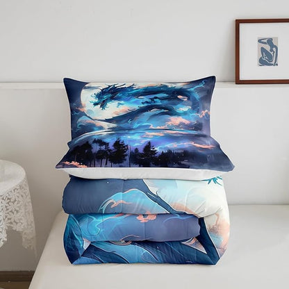 Dragon Comforter Set King Size,Blue Western Magical Animals Bedding Set,Kids Boys Girls Room Decor Moon Starry Sky Volcano Lightning Quilt Set Trippy Style Wildlife Theme Duvet Insert,2 Pillowcases