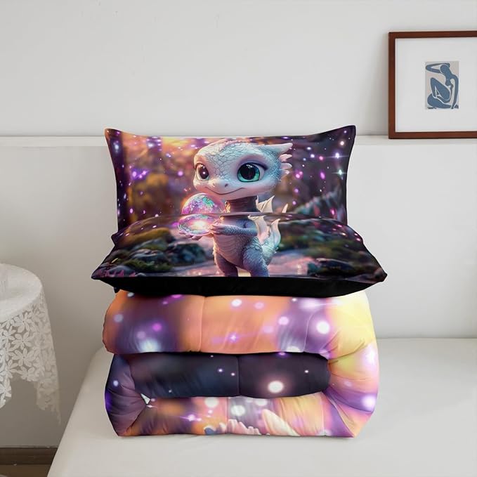 Feelyou Dragon Comforter Set King Size Cute Comforter for Boys Girls Teens Wild Life Bedding Set Dragon Decor Duvet Set Room Decor Pink Purple Quilt Set