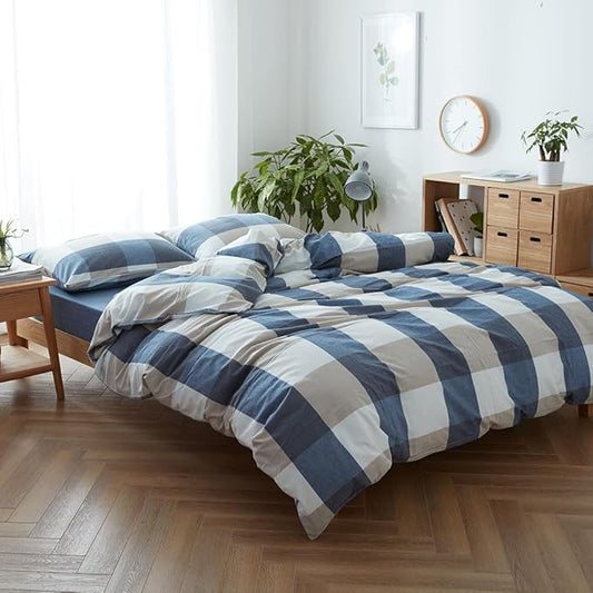 FACE TWO FACE Bedding Duvet Cover Set100% Washed Cotton Duvet Cover Linen Like Textured Breathable Durable Soft Comfy (Twin, Blue and White Grid)