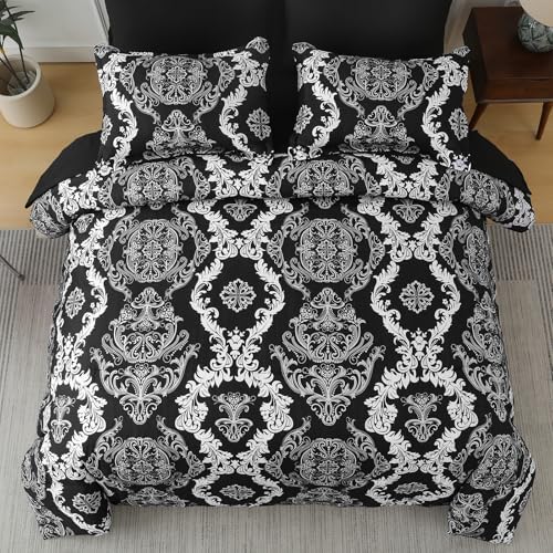 WONGS BEDDING 7 Pieces Comforter Set Queen Size, Black White Texture Bedding Set for All Season, Damask Soft and Breathable Bed in a Bag with Comforter, Flat Sheet, Fitted Sheet, Pillowcases & Shams