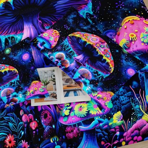 Magical Fantasy Mushroom Comforter Set King Size，Galaxy Mushroom Bedding Set King for Kids，with 1 Comforter with 2 Pillow Case，Mushroom Themed Bedroom Decor
