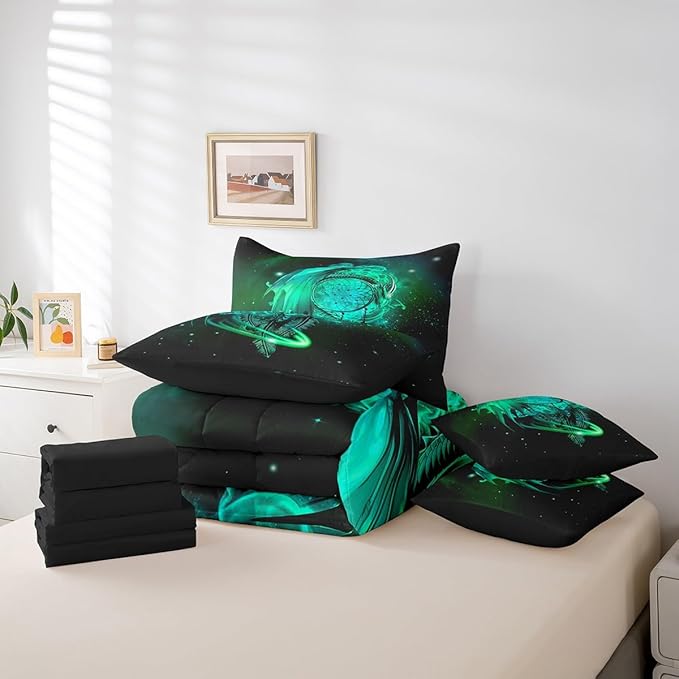 Erosebridal Gothic Dragon Dream Catchers Comforter Set 7 Piece Bed in a Bag Twin,Light Green Galaxy Bohemian Feather Bedding Sets Antique Animal Pterosaur Sheet Set with Comforter