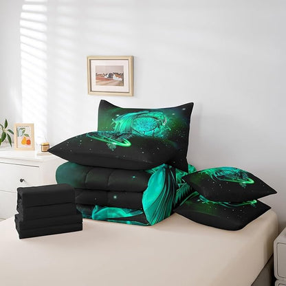 Erosebridal Gothic Dragon Dream Catchers Comforter Set 7 Piece Bed in a Bag Twin,Light Green Galaxy Bohemian Feather Bedding Sets Antique Animal Pterosaur Sheet Set with Comforter