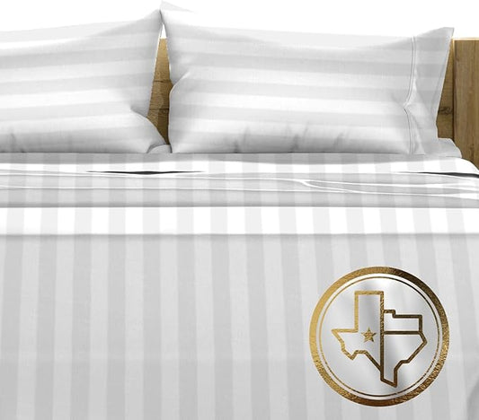 TEXAS LINEN CO. 100% Egyptian Cotton Sheets Queen Size - 1500 Thread Count 4 PC Damask Sheet Set, Sateen Luxury Sheet Queen Size, High Thread Count Sheets, Fits Upto 19" Deep Pocket, White Stripe