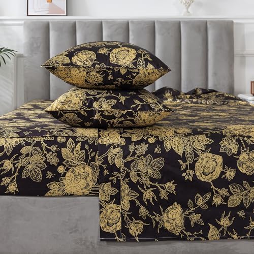 FADFAY Rose Sheets Set Queen Vintage Black Gold Floral Bedding Shabby Peony Botanical Sheets Luxury Farmhouse Bedding 800 Thread Count 100% Egyptian Cotton Deep Pocket Fitted Sheet 4Pcs, Queen Size