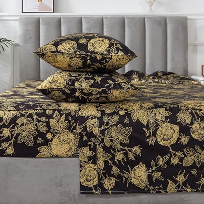 FADFAY Rose Sheets Set Twin XL Vintage Black Gold Floral Bedding Shabby Dorm Bedding Rustic Peony College Bedding 800 Thread Count 100% Egyptian Cotton Deep Pocket Fitted Sheet 4Pcs, Twin XL Size