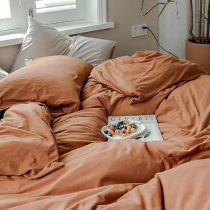 Terracotta Duvet Cover Jersey Knit Cotton Duvet Cover Twin Caramel 3 Pieces Bedding Set Rust Color Comforter Cover with Zipper Closure Comfy Burnt Orange Comforter Cover Farmhouse Bedding Set Twin