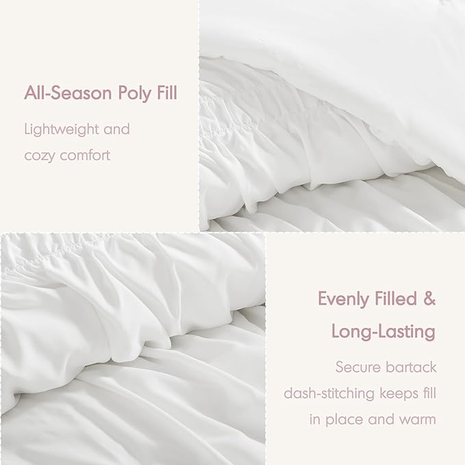 Intelligent Design Queen Comforter Set Ruched Shabby Chic Comforters for Queen Size Bed, All Season Lightweight Comforter Queen French Country Bedding Set, Shams, Ella, Full/Queen, White, 3 Piece