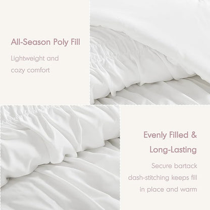 Intelligent Design Queen Comforter Set Ruched Shabby Chic Comforters for Queen Size Bed, All Season Lightweight Comforter Queen French Country Bedding Set, Shams, Ella, Full/Queen, White, 3 Piece