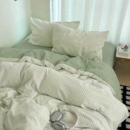 Nayoroom Green Striped Duvet Cover Queen Size 100% Washed Cotton Duvet Cover Linen Like Textured, Reversible 3 Pieces Soft Breathable Yarn-Dyed Stripe Girls Dorm Bedding Set for All Seasons