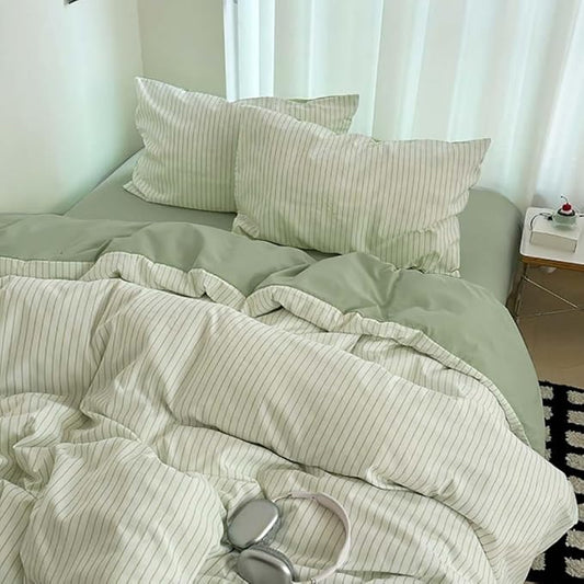Nayoroom Green Striped Duvet Cover Queen Size 100% Washed Cotton Duvet Cover Linen Like Textured, Reversible 3 Pieces Soft Breathable Yarn-Dyed Stripe Girls Dorm Bedding Set for All Seasons