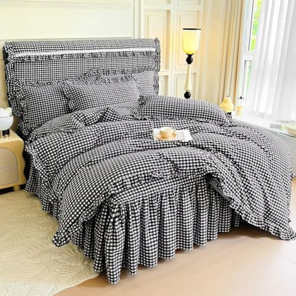 mixinni Vintage Black Gingham Ruffle Comforter Set 3-Piece Washed Cotton King Size Grid Bedding Set with Geometric Checkered Pattern, Farmhouse Chic Soft Fluffy Comforter for All-Season