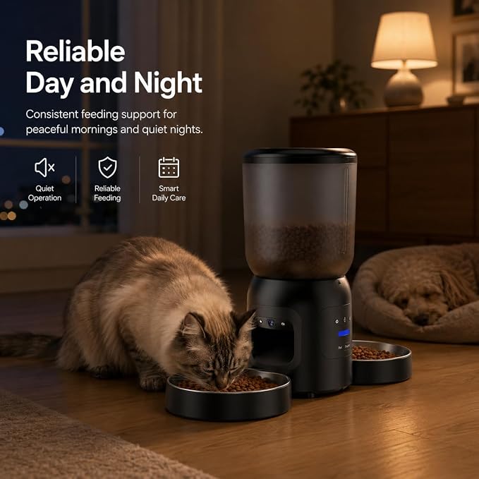 Automatic Cat Feeder with Camera, Dual Bowl 6L WiFi Pet Feeder | Dual 2K Cameras, Two Stainless Steel Bowls, AI Motion Tracking, App Control, 2-Way Audio, Dual-Band WiFi, 6L Capacity