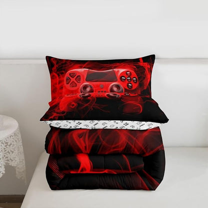 Feelyou Kids Gaming Comforter Set King Size Gamer Bedroom Decor for Boys Girls Teens Video Game Controller Bedding Set Youth Gaming Console Comforter Red Black with 2 Pillow Case