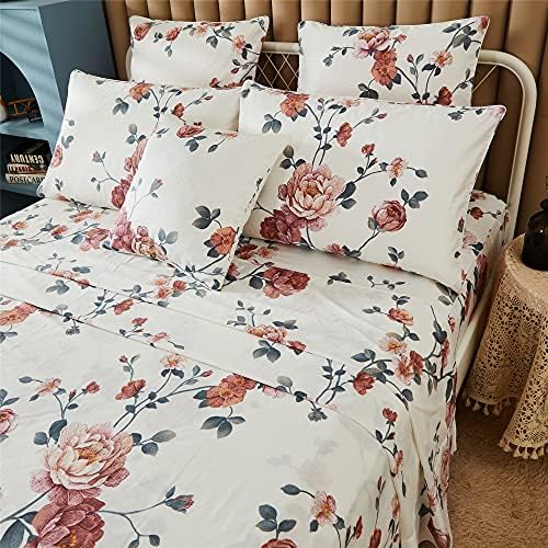 FADFAY Sheets Set Twin Shabby Beige Floral Bedding Elegant Peony Sheets Set Vintage Flower Bedding Collections Soft 100% Egyptian Cotton 800 Thread Count Deep Pocket Fitted Sheet, 4Pcs-Twin Size
