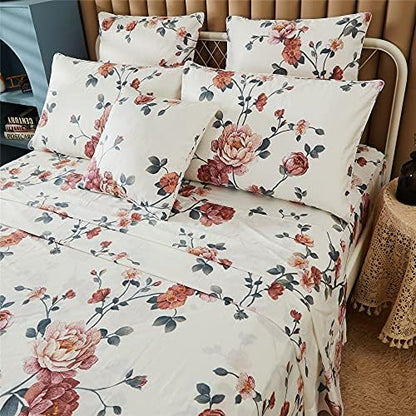 FADFAY Sheets Set Twin Shabby Beige Floral Bedding Elegant Peony Sheets Set Vintage Flower Bedding Collections Soft 100% Egyptian Cotton 800 Thread Count Deep Pocket Fitted Sheet, 4Pcs-Twin Size