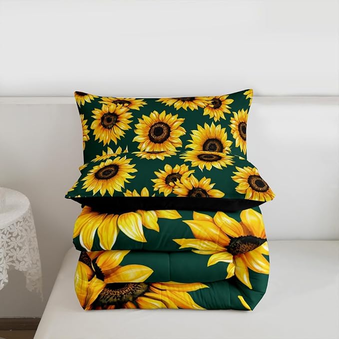 Erosebridal Sunflower Comforter Set Full Size 3D Floral Bedding Set for Kids Girls Women Adult Yellow Floral Down Comforter Botanical Flower Print Green Quilt Set Blossom Garden Duvet Set