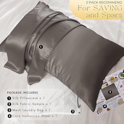 PROMEED Grey Silk Pillowcase Queen Size - Both Sides 23 Momme Grade 6A+Mulberry Silk Pillow Case Covers for Hair and Skin, Soft and Acne Free (Queen 20"x30", Grey)
