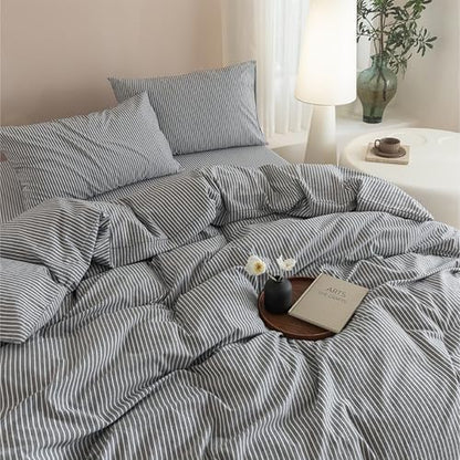 JIYUAN Super Queen Washed Cotton Duvet Cover Set Linen-Like Pinstripe
