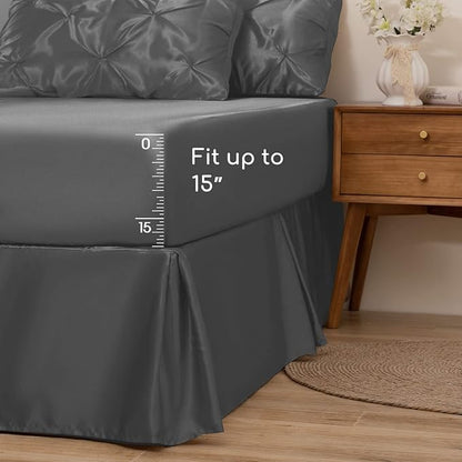 MR&HM Satin Comforter Twin XL 5 Pieces - Luxurious Pinch Pleat Bedding Set with Comforter, Flat Sheet, Fitted Sheet, Pillowcase & Sham, Super Silky Soft Bed Set for All Season (Twin XL, Dark Grey)