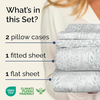 Floral Sheets - Grey Floral Bed Sheet Set - 1 Flat, 1 Fitted & 2 Pillowcases w/ Deep Pockets - Comfy, Wrinkle & Fade Free - Boho Botanical Bedding - Ultra-Soft, Breathable & Cooling - Queen Size