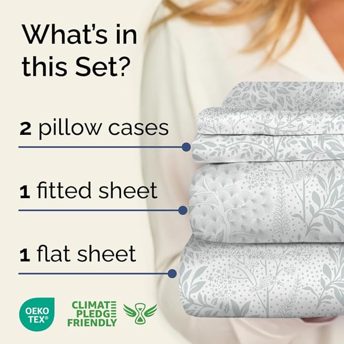 Floral Sheets - Grey Floral Bed Sheet Set - 1 Flat, 1 Fitted & 2 Pillowcases w/ Deep Pockets - Comfy, Wrinkle & Fade Free - Boho Botanical Bedding - Ultra-Soft, Breathable & Cooling - Full Size