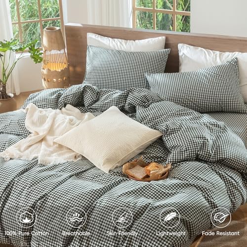 MooMee Gingham Duvet Cover Set 100% Washed Cotton Linen Like