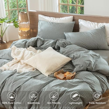 MooMee Gingham Duvet Cover Set 100% Washed Cotton Linen Like